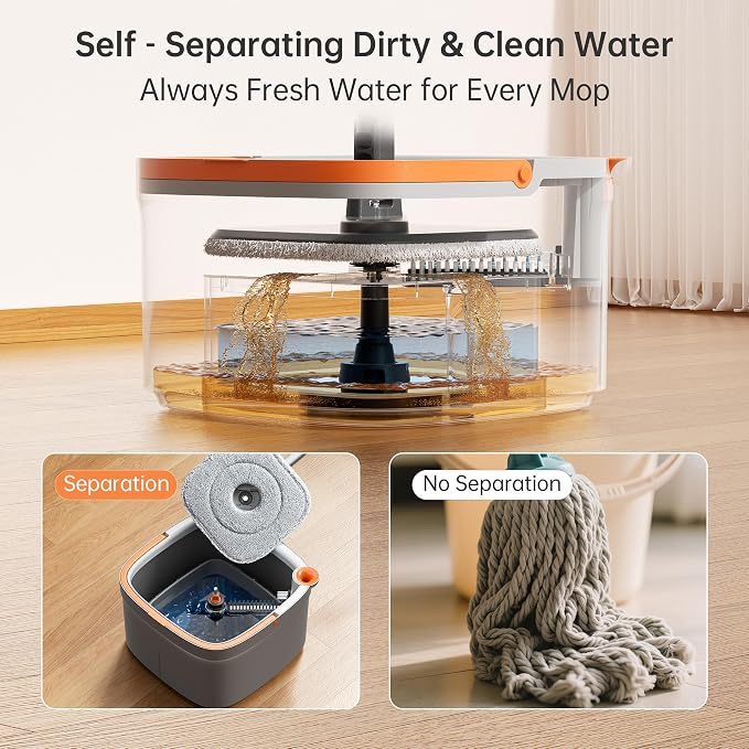 Spin Mop and Bucket Set with 2 Replaceable Microfiber Mop Pads with Self Separation Dirty and Clean Water System, Self Wringing 360° Rotating Square Mop Head for Hardwood Tile Marble Floors