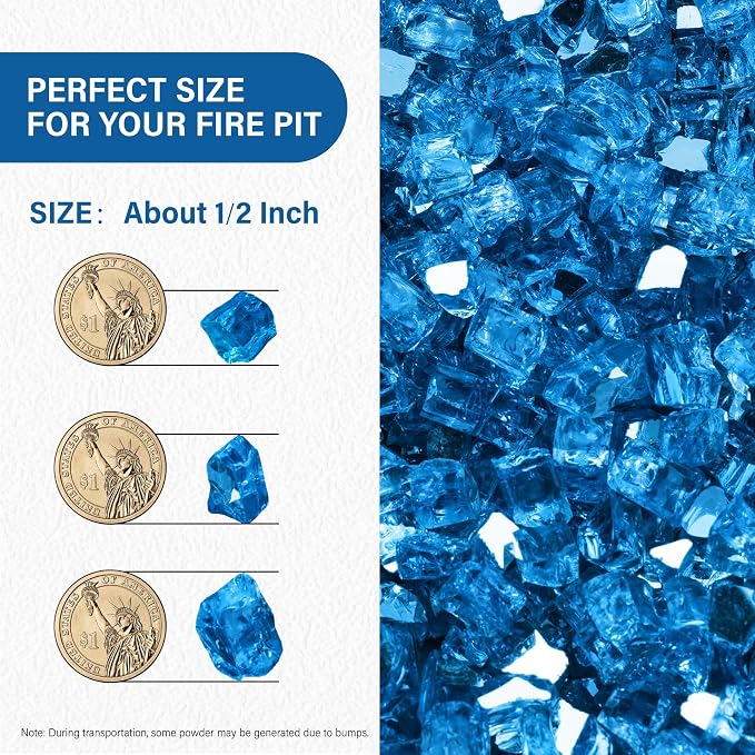 NUPICK 5 Pound Fire Glass, 1/2 Inch Reflective Fire Pit Glass | Fire Pit Rocks for Propane or Natural Gas, Glass Rocks for Fire Pit Table, Fireplace, Fire Bowl, Pacific Blue Reflective