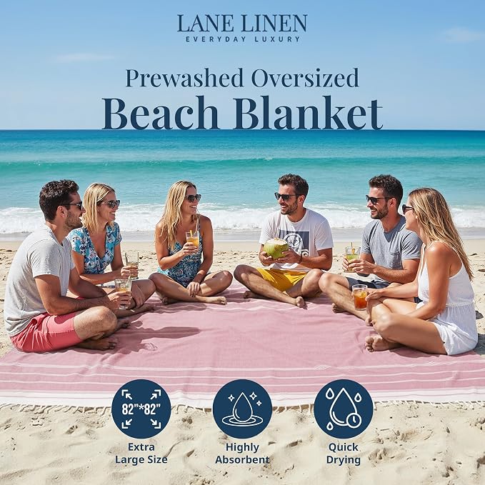LANE LINEN Beach Blanket Sand Free & Extra Large Beach Towel - Candy Pink | Oversized Beach Mat, 82"x82" - For The Beach, Lawn, Lake & Tailgates - Packable, Shakes Off Sand - Roomy Family Size
