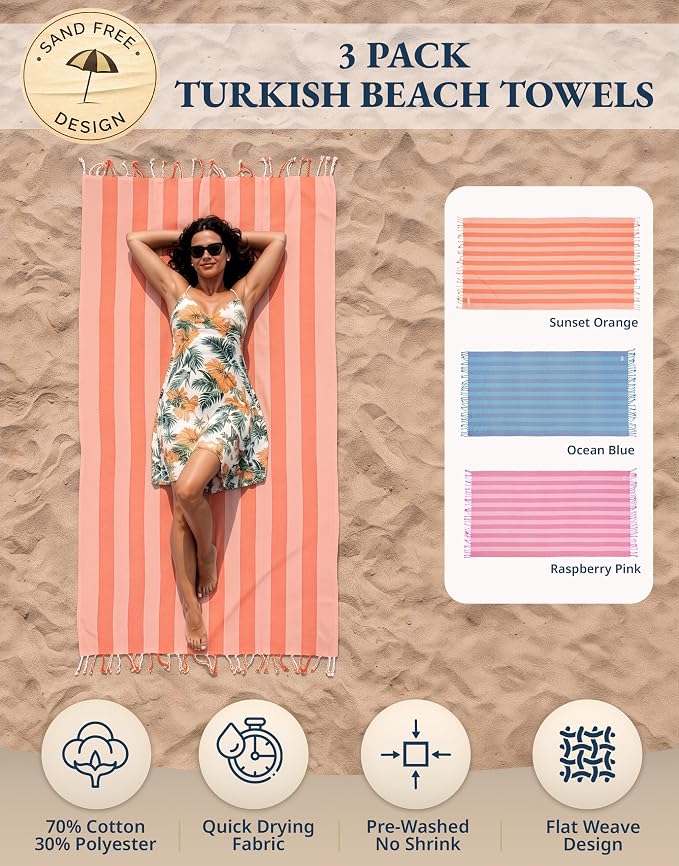 LANE LINEN 3 Pack Turkish Beach Towels, Oversized, 39"x71" - Vivid Rush | Classic Cabana Stripe - Great For Pool, Swim & Travel - Machine Washable, Tumble Dry Low - Fast-Drying Travel Companion