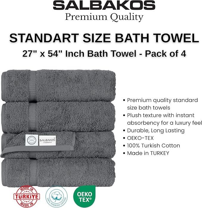 SALBAKOS 4-Piece 100% Turkish Cotton Bath Towels, 27x54 inch, Gray | Standard Size, 630 Gsm Thick Super Soft Highly Absorbent Quick-Dry Bathroom Towel, Premium Hotel & Spa Quality Made in Turkey