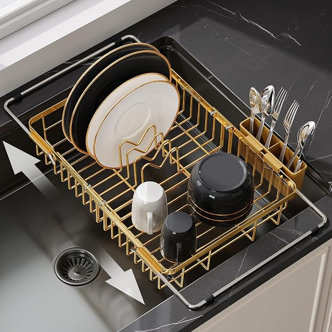 JASIWAY Gold Dish Drying Rack Over the Sink with Utensil Holder | Expandable Stainless Steel Dish Driainers for Small Kitchen, Counter Space Saving, Fast Drain, Rust Resistant, For Apartment