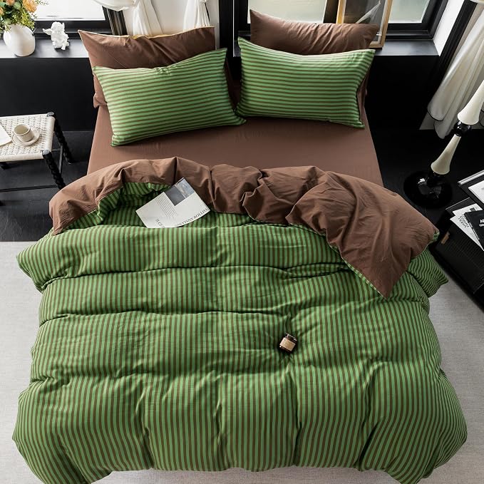 Reversible Duvet Cover Set 100% Washed Cotton Green Stripe Linen Feel Duvet Cover King Size with Zipper Closure & 2 Pillow Shams, Green/Brown Stripe Reverse Solid Brown