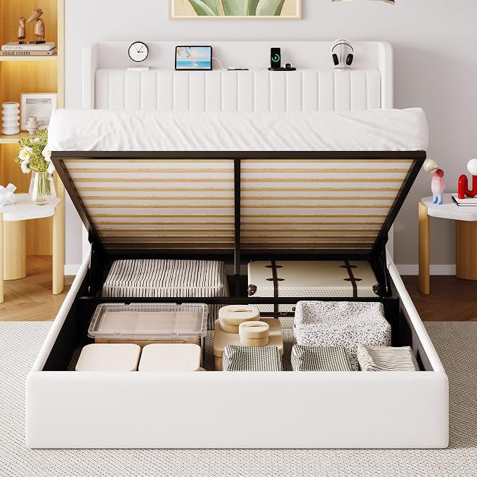Allewie Queen Lift Up Storage Hydraulic Bed Frame,Charging Station,White | Storage Shelf Headboard with Charging Station,Type-C,USB Ports,Hydraulic Support,Velvet Upholstered,No Box Spring Needed