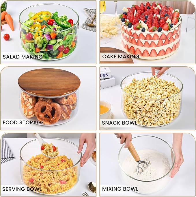 LOVYANXUE Glass Trifle Bowl with Acacia Wood Lid, 197 oz Large Glass Salad Bowl - Versatile Mixing and Serving Dish for Cake, Salad, Fruit, Baking, Dessert, Meal Prep, Storing, Microwave & Oven Safe