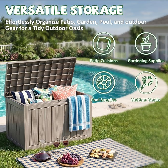 DRATO 55 Gallon Outdoor Storage Box Waterproof, Lockable Resin Deck Boxes | Weatherproof Patio Furniture, UV-Resistant Pool Supplies & Garden Tools, Backyard, Porch, Easy Asembly, 300lbs, Grey