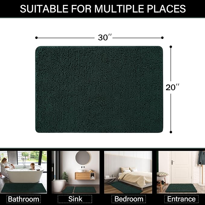 LOCHAS Luxury Bathroom Rug Shaggy Bath Mat 20 x 30 Inch, Hunter Green | Washable Non Slip Bath Rugs for Bathroom Shower, Soft Plush Chenille Absorbent Carpets