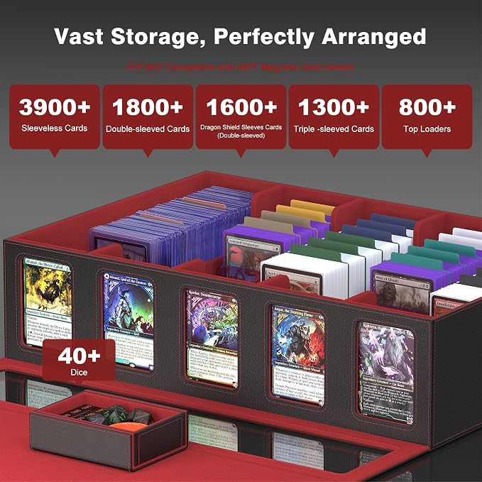 Kabinka MTG Card Storage Box with Handle & Mechanical Latch,5-Row 3900+ Commander Trading Card Case with Sealed Display Window,Top Loaders Organizer Deck Box for MTG/TCG/PTCG/Sports Cards (Black Red)