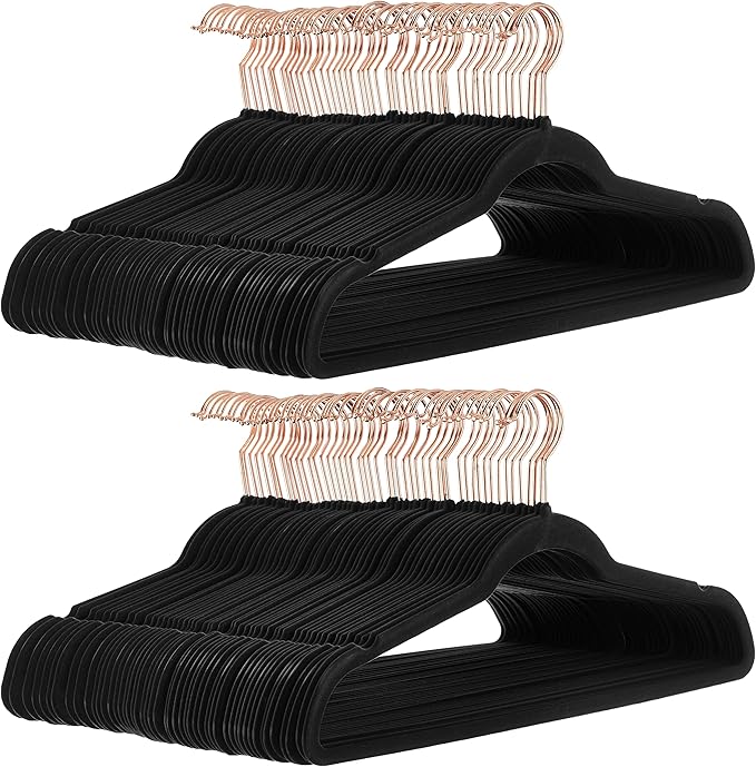 Amazon Basics Slim Velvet Non-Slip Space Saving Suit Clothes Hangers, Closet Organizer, Black/Rose Gold, 100-Pack