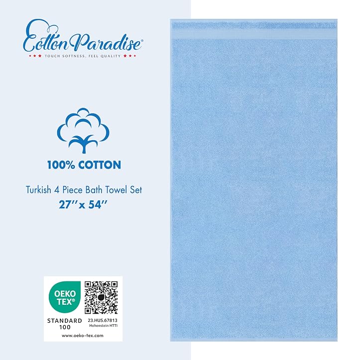 Cotton Paradise 100% Cotton Turkish Towel Set, Soft Absorbent Quick Dry, 4 Piece Bath Towel Set, Sky Blue