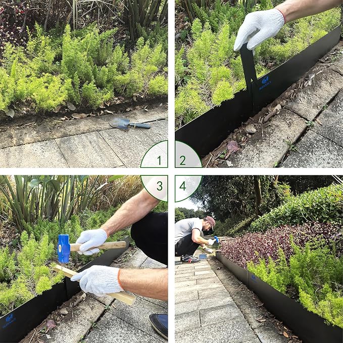Metal Landscape Edging 6 Pack 40" L x 6" H | 20 FT Galvanized Bendable Metal Garden Edging,Hammer in Steel Landscape Edging with a Pair of Gloves and 7 Clips,Black