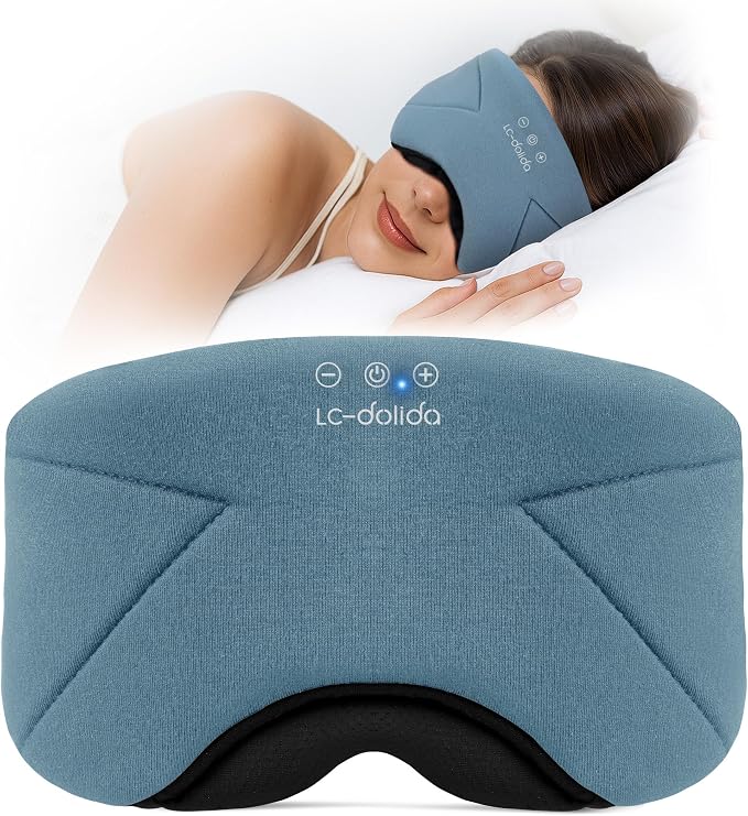 Sleep Mask with Headphones Bluetooth 5.4, LC-dolida Wireless Music Eye Mask for Sleeping Headphones with Soft Bamboo Cotton Cooling Breathable,Ultra-Thin Stereo Speaker for Side Sleepers - Ash Blue