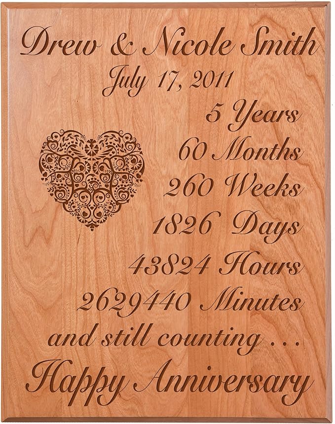 LifeSong Milestones Personalized 5th Wedding Anniversary Wall Plaque Gifts for Couple Custom Made 5 Year Ideas for Her,5th Year Wedding Anniversary for Him (Solid Cherry Wood)