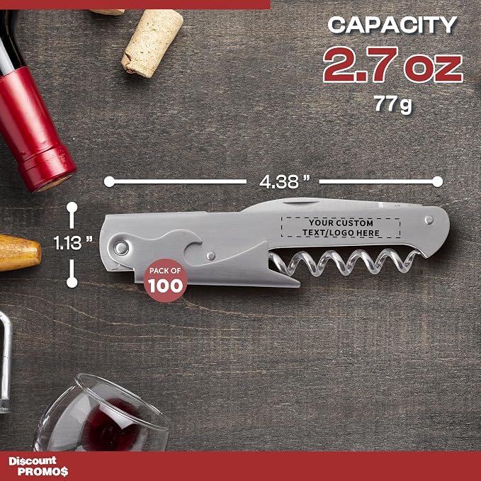 100 Valencia Stainless Steel Wine Bottle Openers Set - Customizable Text, Logo - Corkscrew, Serrated knife, Perfect for Bars - Silver