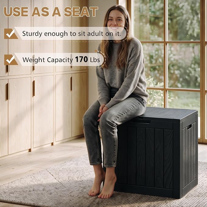 NUNU LAB 35 Gal Outdoor Storage Box Waterproof Lockable,Deck Box,Black | Waterproof Outdoor Storage Box, Lockable Lid Deck Box for Package Delivery, Backyard Bin for Garden Tools, Patio Cushion