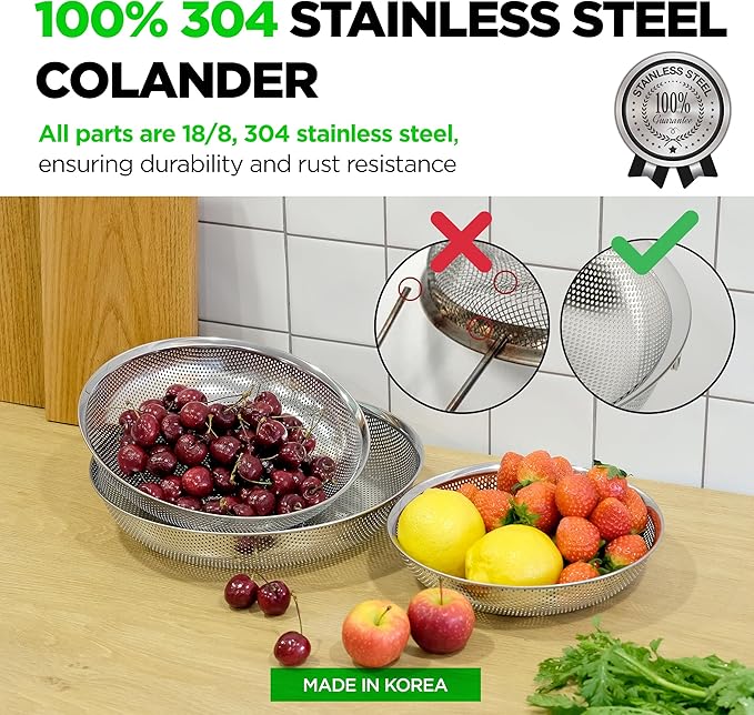 Shallow Stainless Steel Colander Set of 3 – Micro-Perforated Tray Strainers for Berries Vegetables Fruit, 18/8 304 Low Profile (2, 3, 4 Qt) Self-Draining Base, Dishwasher Safe, Made in Korea