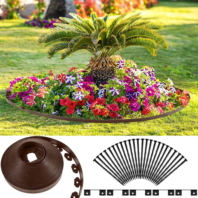2.5 Inch x 200 FT Landscape Edging Kit Garden Edging Border with 120 Spikes 10 Connectors Flexible Plastic Edge Border for Landscaping Lawn Garden Flower Beds Yard Paver Pathway(Brown)