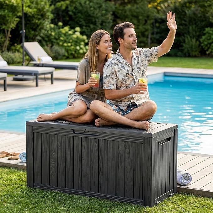 DRATO 100 Gallon Deck Boxes Outdoor Waterproof Storage Box with Wheels | Lockable Weatherproof Resin Outside Patio Storage Box for Backyard Furniture Pool Supplies Garden Tools, Black