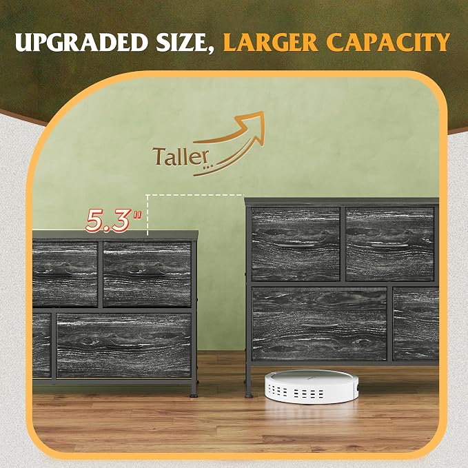 WLIVE 5 Drawer Dresser for Bedroom, Wide Chest of Drawers, Black Wood Grain | 5 roomy fabric drawers, Wide low-profile design, Bedroom or closet use, Sturdy steel frame, Smooth wood tabletop