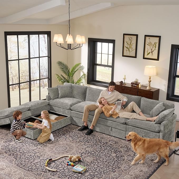 Ihanherry 135” Modular Sectional Sofa with Storage, U Shaped Cloud Couch with Movable Ottomans & 4 Pillows, Chenille Deep Seat Sectional Couches for Living Room, Apartment (Grey)