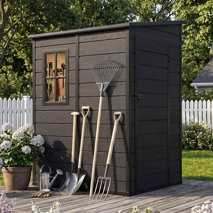 DWVO 5x4 FT Resin Outdoor Storage Shed with Floor, Large Waterproof Lockable Storage Shed with Window, Plastic Tool Shed for Garden, Backyard, Patio, Lawn