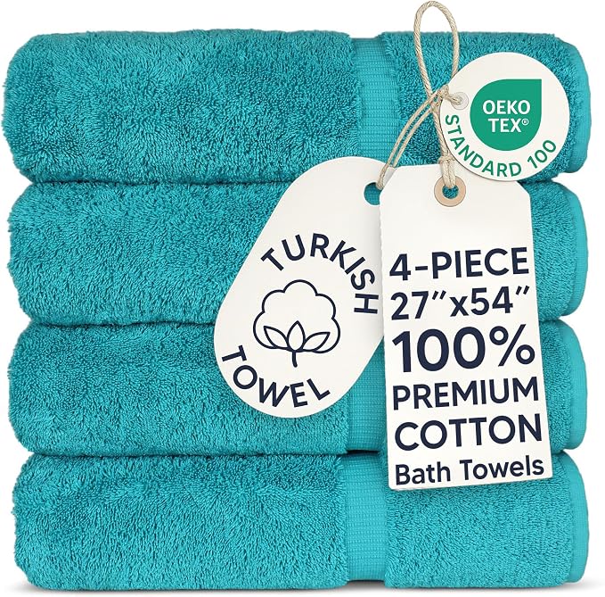 Chakir Turkish Linens 4 Piece Large Bath Towels, 100% Cotton Turkish Towels for Bathroom, Luxury Soft Absorbent Bath Towel Set, 27 x 54 Inches, Aqua