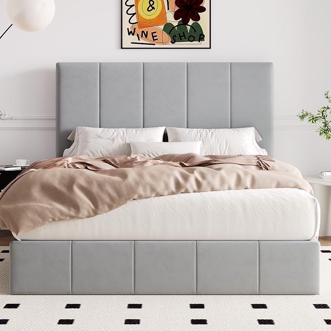Allewie Queen Size Velvet Lift Up Hydrualic Storage Bed Frame, Grey | Vertical Channel Tufted Headboard, Hydrualic Underneath Storage, Upholstered Platform Bed, No Box Spring Needed
