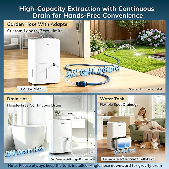 AEOCKY 50 Pint/Day Compressor Dehumidifier, 3500Sq.Ft for Basement, Home, Bedroom, Bathroom, with Drain Hose, 0.8 Gallon Water Tank Capacity, Intelligent Humidistat, Quiet