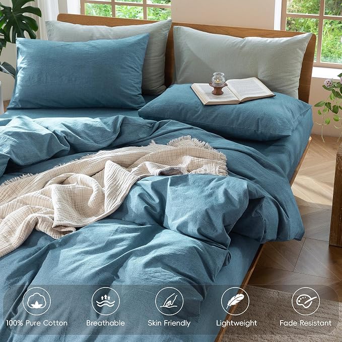 MooMee Duvet Cover Set 100% Washed Cotton Linen Like Full | Relaxed Linen-like Texture. Soft, Breathable & Long-lasting Comfort. Lightweight. Hidden Zipper with 8 Interior Corner Ties