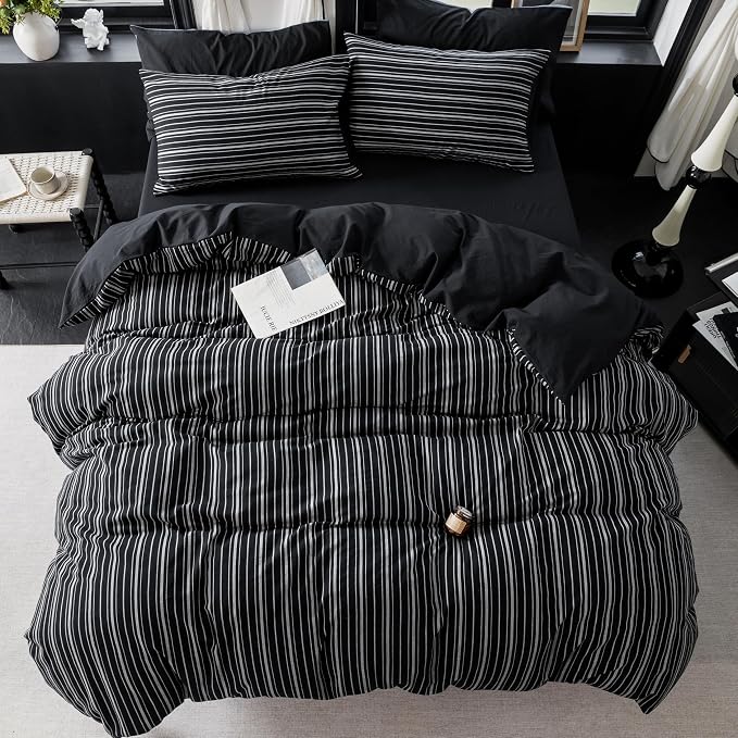 Reversible Duvet Cover Set 100% Washed Cotton Black Stripe Linen Feel Duvet Cover Queen Size with Zipper Closure & 2 Pillow Shams, Black/White Stripe Reverse Solid Black