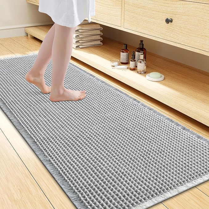 Smiry Waffle Bath Mat 60x24, Extra Soft Absorbent Bathroom Rugs, Non Slip Machine Washable Quick Dry Bath Rugs for Bathroom Floor, Tub, Shower, Home Decor Accessories, Lightgrey & Cream