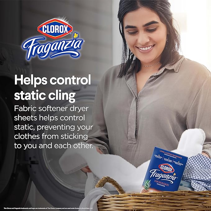 Clorox Fraganzia Fabric Softener Dryer Sheets, Wrinkle Reducing Anti Static, Great Smelling Clothes Softens Fabrics, Hawaiian Escape Scent, 105 Count