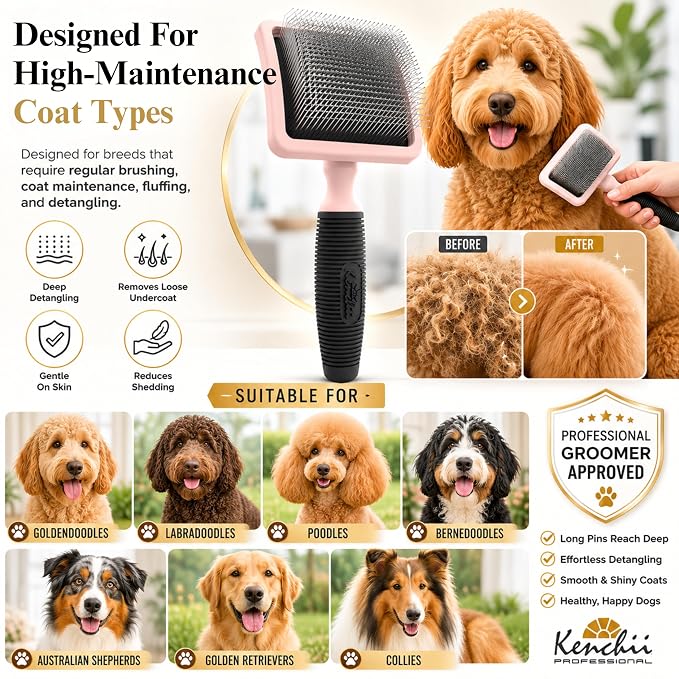 Kenchii Long Pin Slicker Brush for Dogs (Poodles, Doodles, Goldendoodles, Labradoodles), Professional Grooming Brush for Detangling, Fluffing & Dematting, Non-Slip Comfort Handle