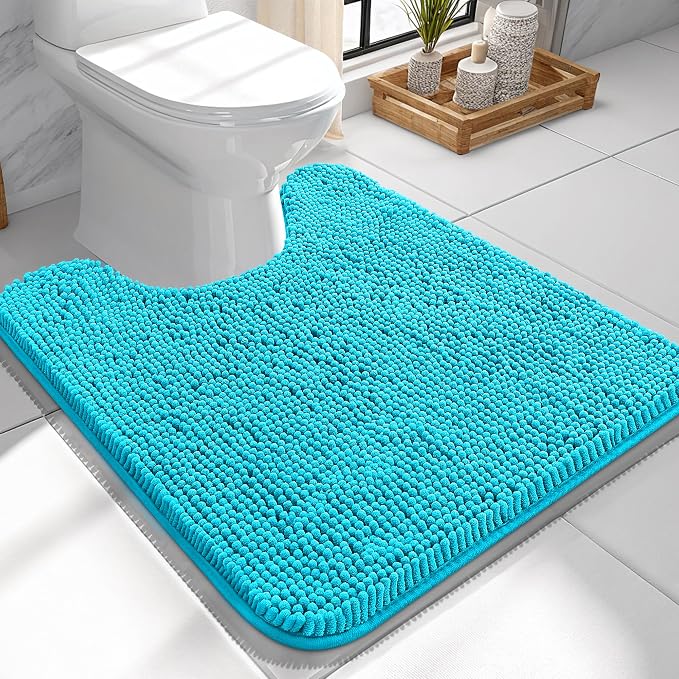 OLANLY Toilet Rugs U-Shaped 24x24, Extra Soft Absorbent Chenille Contour Bathroom Rugs for Toilet, Dry Quickly, Machine Washable, Non-Slip Bath Mat, Aqua Sky