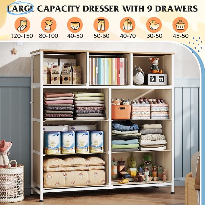 WLIVE 9 Drawer Dresser, Fabric Storage Tower for Bedroom, Hallway, Closet, Tall Chest Organizer Unit for Bedroom with Fabric Bins, Steel Frame, Wood Top, Easy Pull Handle, Cream White
