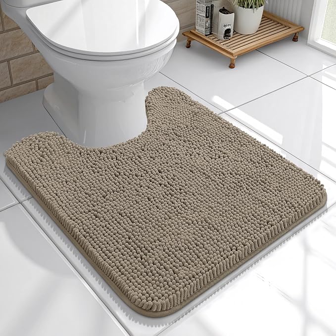 OLANLY Toilet Rugs U-Shaped 20x20, Extra Soft Absorbent Chenille Contour Bathroom Rugs for Toilet, Dry Quickly, Machine Washable, Non-Slip Bath Mat, Warm Taupe