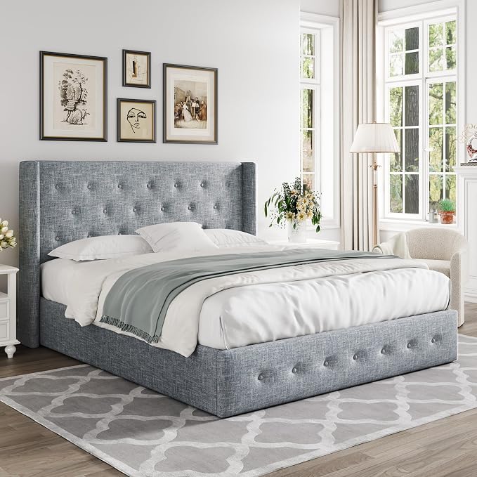 Allewie Queen Size Lift Up Storage Button-Tufted Bed Frame Blue Grey | Modern Wingback Headboard, Hydraulic Support Storage, No Box Spring Needed