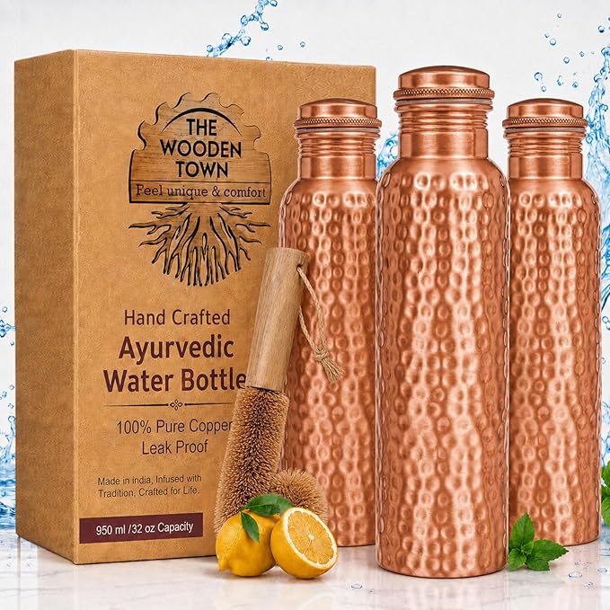 Copper Water Bottle, Ayurvedic Pure Copper Bottle For Drinking - Drink More Water, Lower Your Sugar Intake And Enjoy The health Benefits Immediately - 32 OZ 1Cleaning Brush +3 hammered Bottle