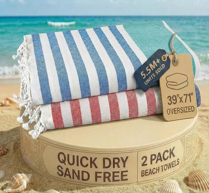 LANE LINEN Beach Towels for Women, Super Absorbent, XL - Old Glory Teal | 2 Pack Large Beach Towels Oversized - Pre-Washed, Sand Free Towel - Quick Dry, 39"x71", Vacation Essential, Machine Washable