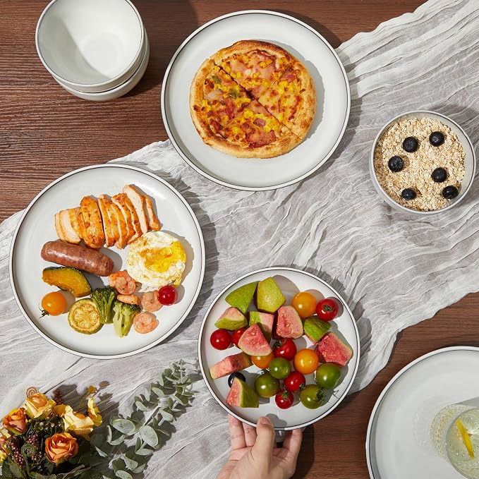 Pokini 18 Piece White Stoneware Dinnerware Set for 6, Santorini Mist Terracotta Plates and Bowls with Reactive Glaze, Microwave & Dishwasher Safe, Aesthetic Ceramic Dishes for Family Meals & Hosting