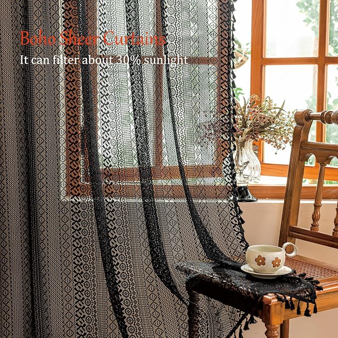 Sutuo Home Black Boho Sheer Curtains 84 inches Long for Bedroom Living Room, Bohemian Lace Window Curtains Crochet Privacy Farmhouse Vintage Chic Tassels Darkening Decor Rod Pocket, 2 Panels 50" W