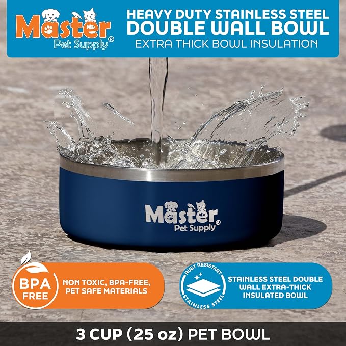 Master Pet Supply Stainless Steel Dog Bowls - 25 oz, Heavy Duty - Navy Blue, Double Wall Extra-Thick Insulated, Non-Slip Pet Water Bowl for Dogs, Cats & Pets, Anti Rust Metal, Dish Washer Safe