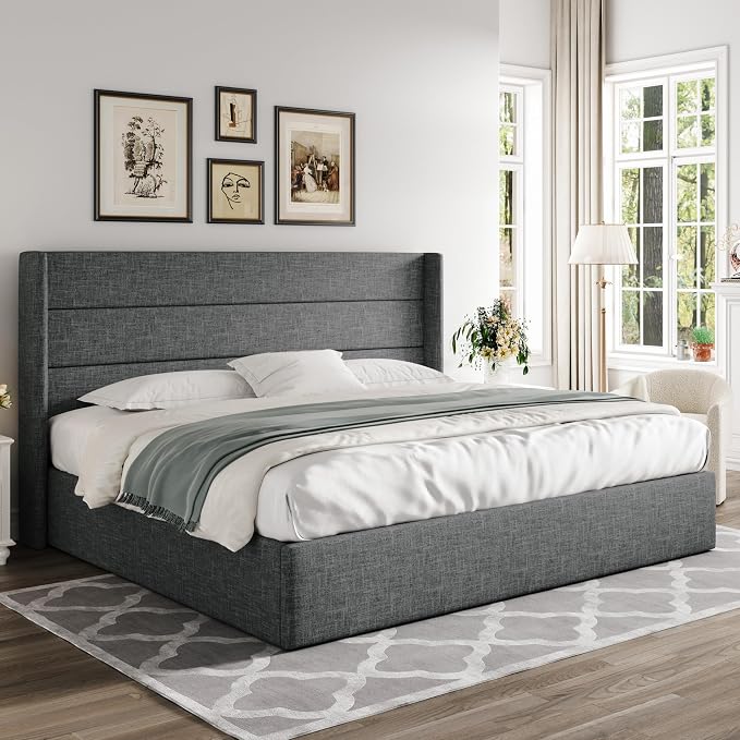Allewie King Size Lift Up Hydraulic Storage Bed Frame Dark Grey | Modern Wingback Headboard, Hydraulic Support Storage, No Box Spring Needed