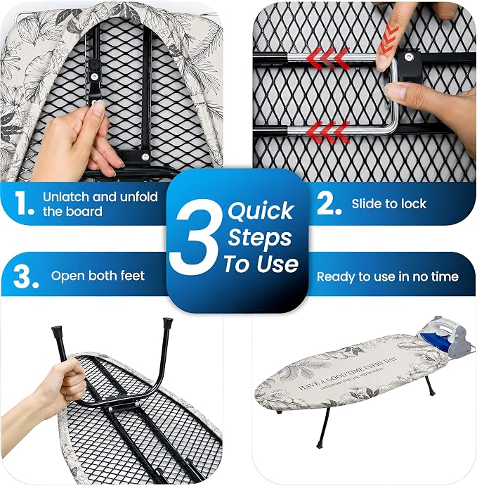 Metal Mesh Panel Tabletop Ironing Board | Foldable Iron Board | Heavy Duty Small Iron Board with Heat Resistant Cover and 100% Cotton 8mm Thicken Pad (Grey Leaves)