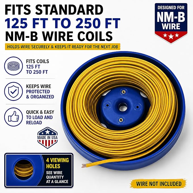 NM-B Blue Wire Dispenser for 125-250 FT Wire Coils, Portable Electrical Wire Organizer, Heavy-Duty Polypropylene Cable Reel, Made in USA, 16" OD x 15" ID Wire Reel for Electricians & Contractors