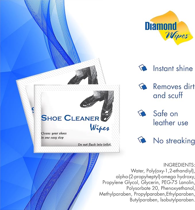 Diamond Wipes Pre-Moistened Shoe Shine Wipes, Streak-Free Shoe Cleaner Pack of 50 Individually Wrapped Wet Wipes - Use On Leather, Travel Essentials