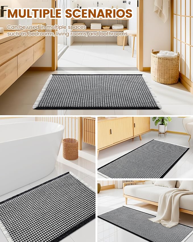 Smiry Waffle Bath Mat 72x24, Extra Soft Absorbent Bathroom Rugs, Non Slip Machine Washable Quick Dry Bath Rugs for Bathroom Floor, Tub, Shower, Home Decor Accessories, Black & Cream