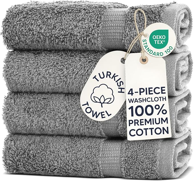Chakir Turkish Linens 4 Piece Washcloth Set, 100% Cotton Luxury Turkish Washcloths for Bathroom, Soft Absorbent Washcloths, 13 x 13 Inches, Gray
