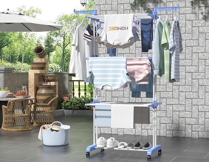 HOMIDEC Clothes Drying Rack, Large 4-Tier Foldable Drying Rack Clothing (67.7H x 19.7W x 30L Inches), Movable with 4 Castors. Multifunctional Stainless Steel Laundry Drying Rack, Blue