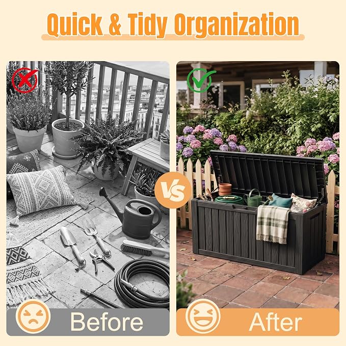 Outdoor Storage Box, 140 Gallon Waterproof Resin Deck Box with Support Rod | UV Resistant Lockable Package Delivery Bin, Shoe, Patio & Garden Tools Storage, Toy Cabinet, Ottoman, Indoor/Outdoor
